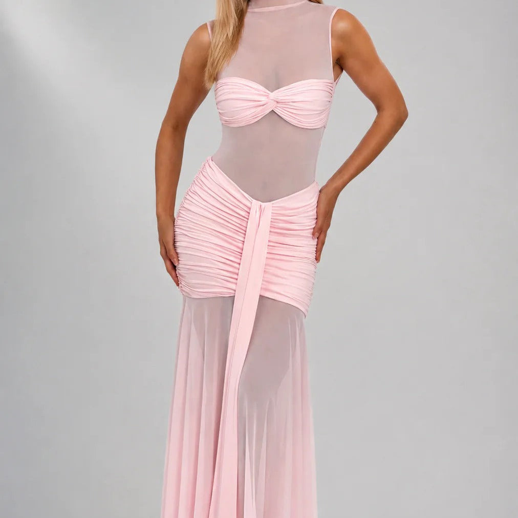Completo Abito Lungo Rosa In Rete Trasparente